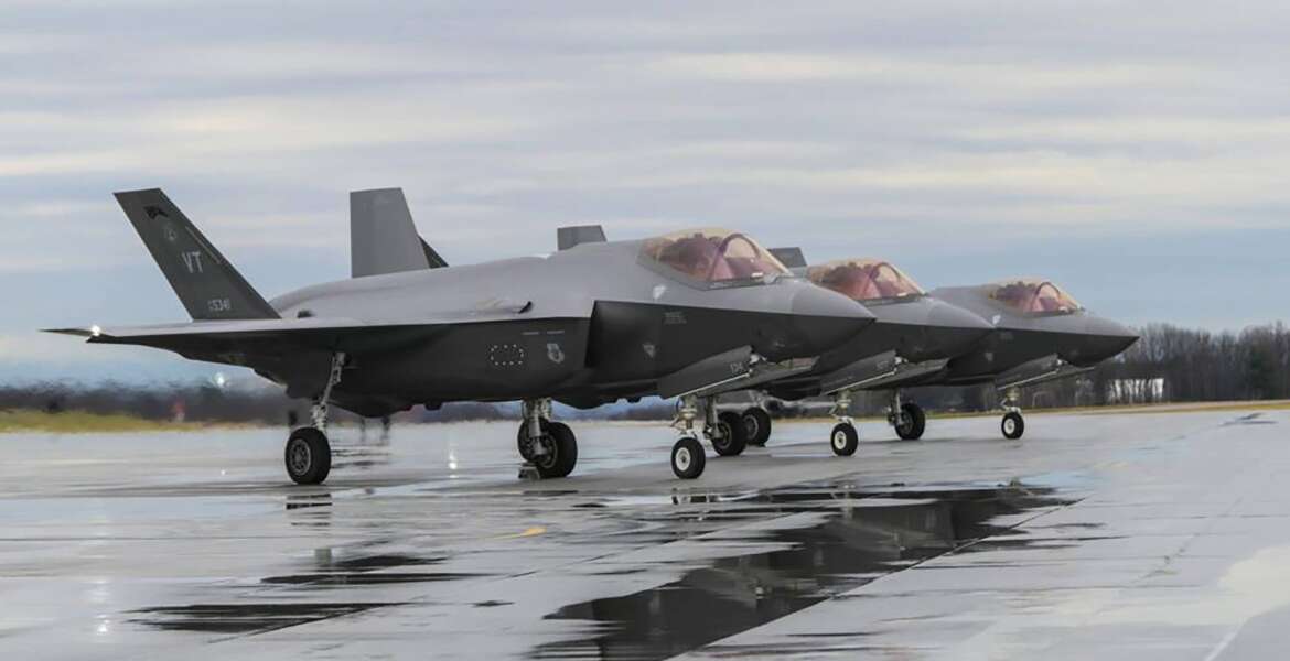 F-35 Lightning II Aircraft assigned to the 158th Fighter Wing, Burlington Air National Guard Base, prepare for takeoff, April 13, 2022, in Burlington, Vt. The first overseas deployment of the Vermont Air National Guard's F-35 fighter jets will have the pilots and their aircraft patrolling the skies of Europe during one of the most tense periods in recent history. More than 200 Vermont air guard personnel, their equipment and eight F-35s are now in Europe. (Staff Sgt. Cameron Lewis/U.S. Air National Guard via AP)